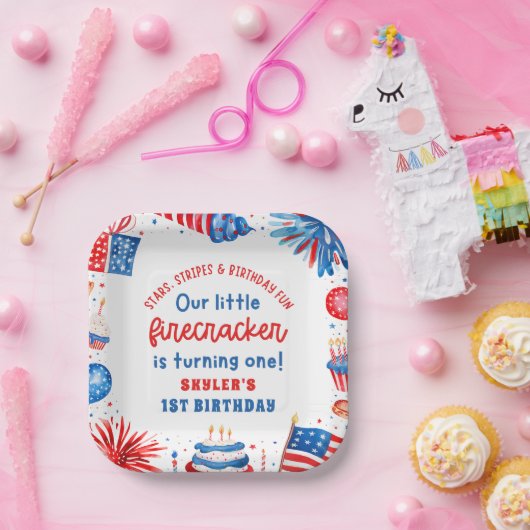 Onze Kleine Firecracker 4 juli 1 Verjaardag Papieren Bordje (Feest)