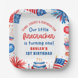 Onze Kleine Firecracker 4 juli 1 Verjaardag Papieren Bordje