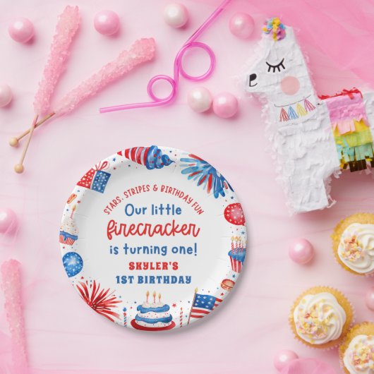 Onze Kleine Firecracker 4 juli 1 Verjaardag Papieren Bordje (Feest)