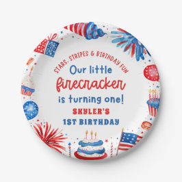 Onze Kleine Firecracker 4 juli 1 Verjaardag Papieren Bordje