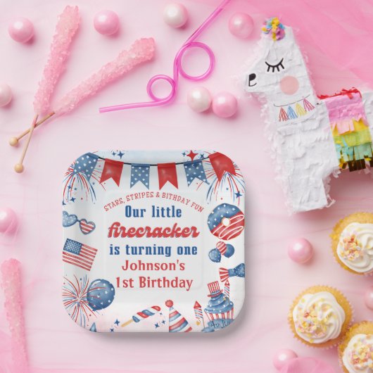 Onze Kleine Firecracker 4 juli 1 Verjaardag Papieren Bordje (Feest)