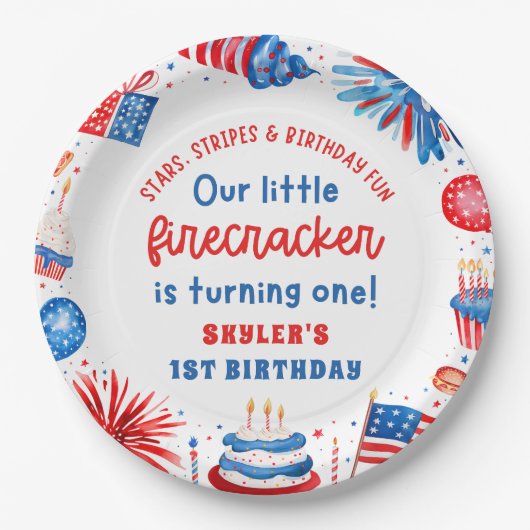 Onze Kleine Firecracker 4 juli 1 Verjaardag Papieren Bordje (Voorkant)