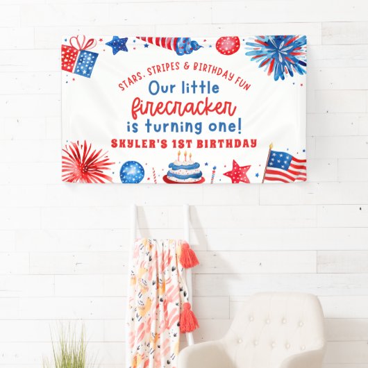 Onze Kleine Firecracker 4 juli 1 Verjaardag Spandoek (Insitu)