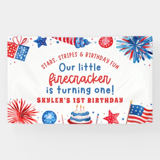 Onze Kleine Firecracker 4 juli 1 Verjaardag Spandoek (Horizontaal)