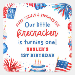 Onze Kleine Firecracker 4 juli 1 Verjaardag Vierkante Sticker