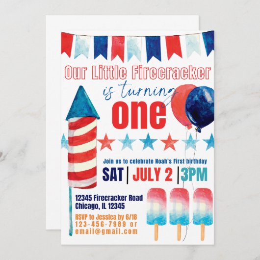 Onze kleine Firecracker draait één uitnodiging (Voorkant / Achterkant)