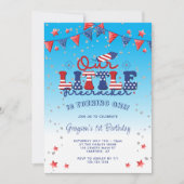 Onze Kleine Firecracker Jongen Blauw 1e Verjaardag Kaart (Voorkant)