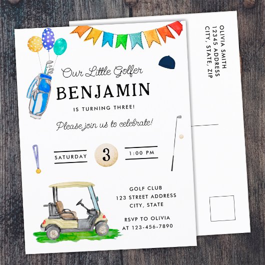 Onze kleine Golfer Blue Cart Pet Kinder Golfverjaa Briefkaart