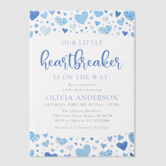 Onze kleine Heartbreaker Blue Valentijn Baby showe Vellum Uitnodigingen (Voorkant)