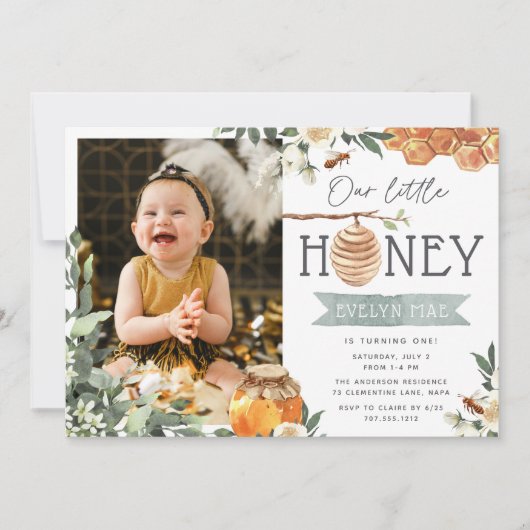 Onze kleine honing | Bee Theme Foto Birthday Party Kaart (Voorkant)