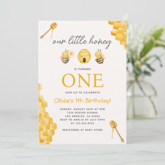 Onze kleine honing bij moderne 1e verjaardag kaart (Staand voorkant)