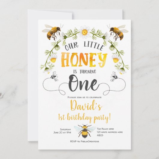 Onze kleine honing, hommel bij, bij 1e verjaardag kaart (Voorkant)