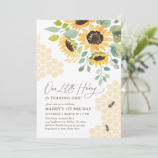 Onze kleine honingbij zonnebloem 1e verjaardag kaart (Staand voorkant)