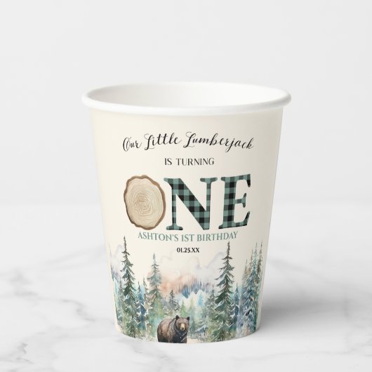 Onze kleine houthakker Beer 1e verjaardagsfeestje Papieren Bekers (Achterkant)