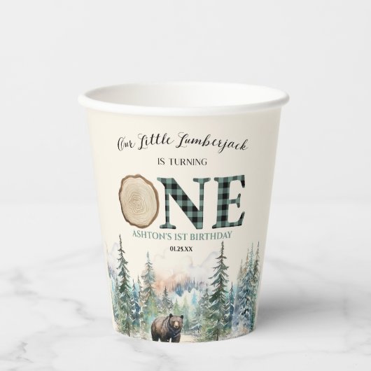 Onze kleine houthakker Beer 1e verjaardagsfeestje Papieren Bekers (Voorkant)