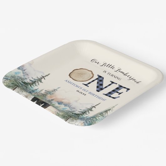 Onze kleine houthakker Beer blauw 1e verjaardagsfe Papieren Bordje (Gebogen)