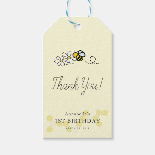 Onze kleine Hunny Bee Geel Verjaardag Dank u Cadeaulabel (Voorkant)