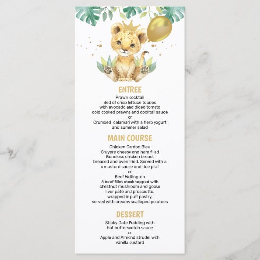 Onze kleine Koning Lion Crown-ballon, 1e verjaarda Menu (Voorkant)