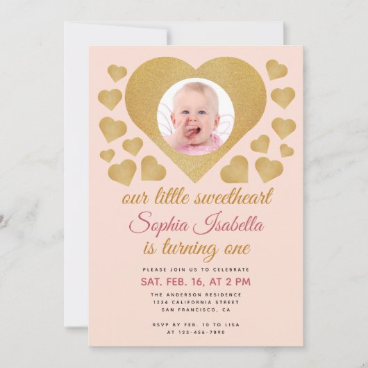 Onze Kleine Liefje Goud Roze Foto 1e Verjaardag Kaart (Voorkant)