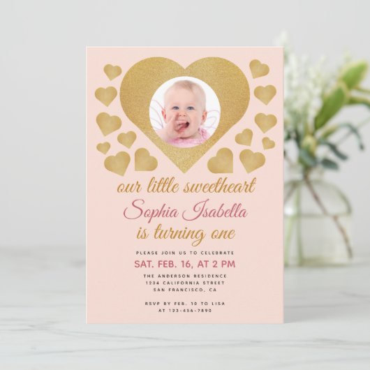 Onze Kleine Liefje Goud Roze Foto 1e Verjaardag Kaart (Staand voorkant)