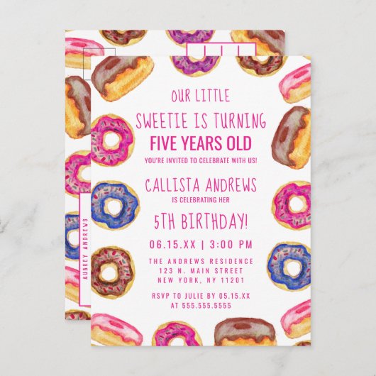 Onze kleine liefje Schattigee donuts roze offerte  Uitnodiging Briefkaart (Voorkant / Achterkant)