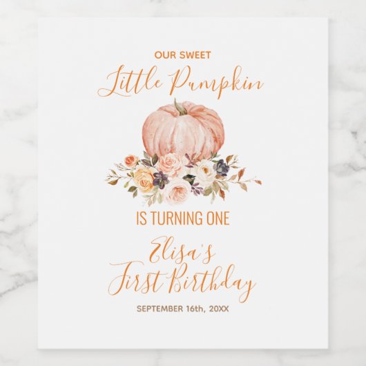 Onze kleine lieve pompoen 1e verjaardag bloemen wijn etiket (Enkel label)