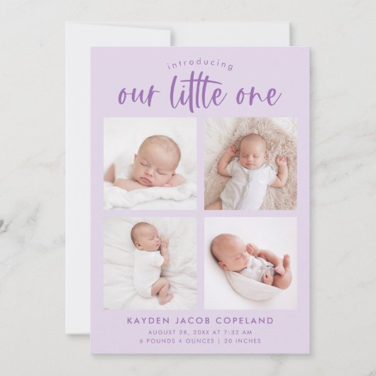 Onze kleine Lila meerfoto geboorte Aankondiging (Voorkant)