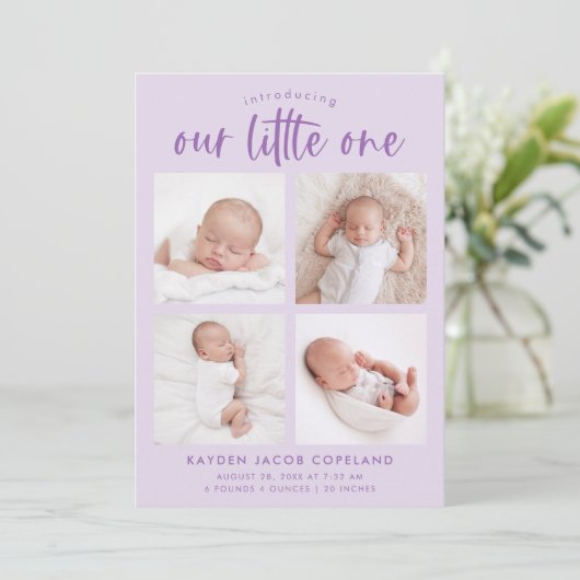 Onze kleine Lila meerfoto geboorte Aankondiging (Staand voorkant)