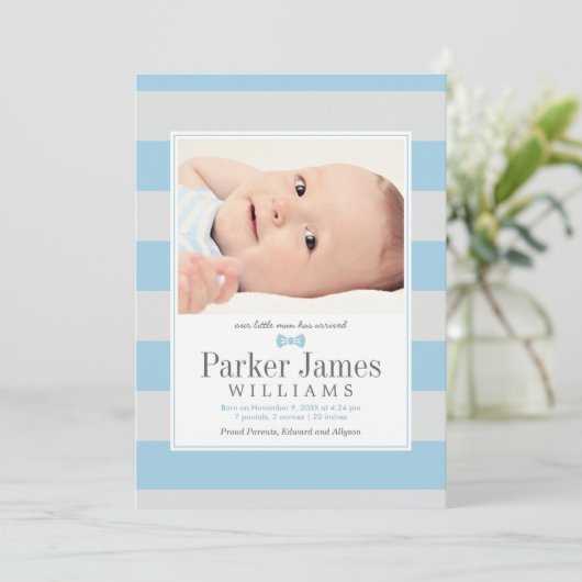 Onze kleine Man blauw grijs knappe baby jongen geb Aankondiging (Staand voorkant)