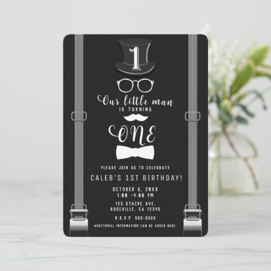 Onze kleine Man Hipster Suspenders 1e Verjaardag E Kaart (Staand voorkant)