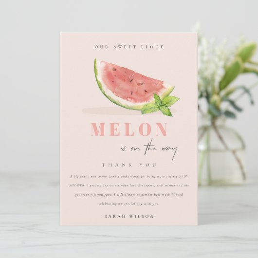 Onze kleine Melon Waterverf blush Baby shower Bedankkaart (Staand voorkant)