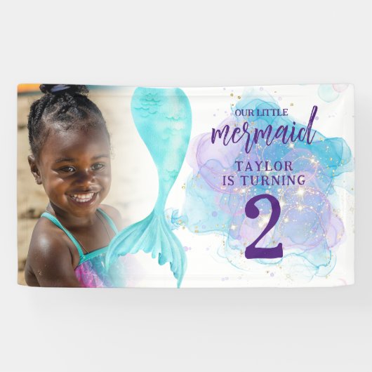 Onze kleine Mermaid Foto Birthday Party Spandoek (Horizontaal)