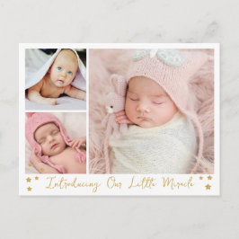 Onze kleine Mirakel Gold Star 3 Foto's Baby Aankondigingskaart