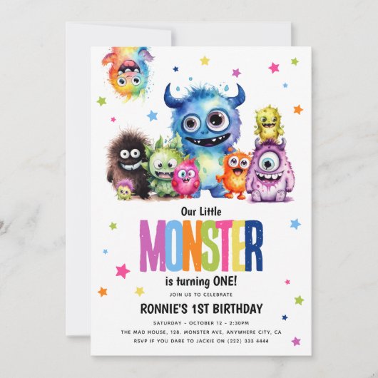 Onze kleine monster 1e verjaardag feestuitnodiging kaart (Voorkant)