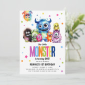 Onze kleine monster 1e verjaardag feestuitnodiging kaart (Staand voorkant)