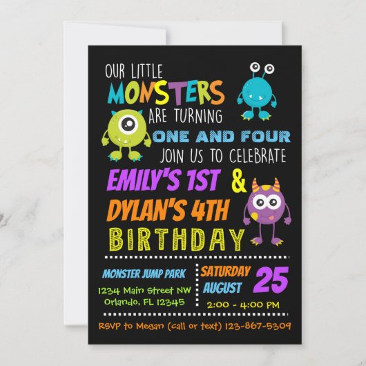 Onze kleine Monsters Joint Birthday Party nodigt u Kaart (Voorkant)