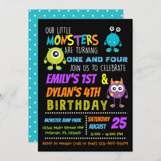 Onze kleine Monsters Joint Birthday Party nodigt u Kaart (Voorkant / Achterkant)