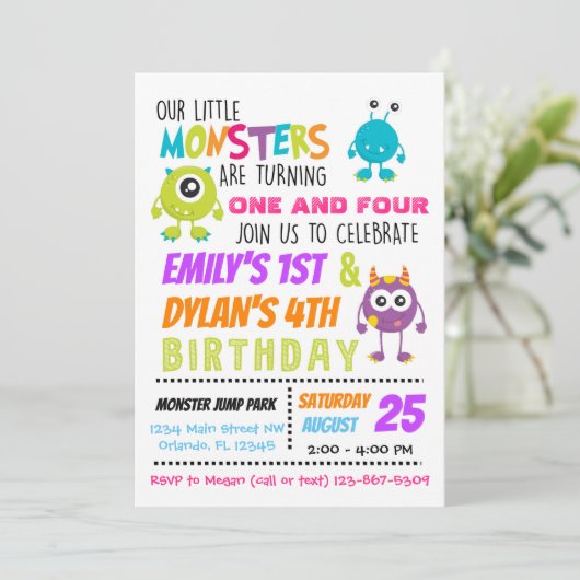 Onze kleine Monsters Joint Birthday Party nodigt u Kaart (Staand voorkant)