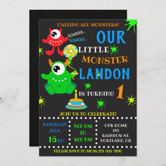 Onze kleine monsterverjaardagsuitnodiging voor jon kaart (Voorkant / Achterkant)