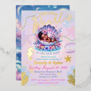 Onze kleine Parel Pastel Schelp Baby Shower Folie Uitnodiging