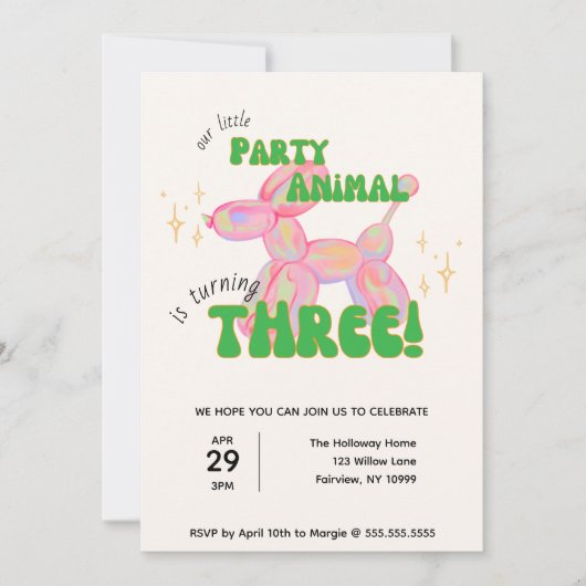 Onze kleine partij ballon dier 3e verjaardag kaart (Voorkant)
