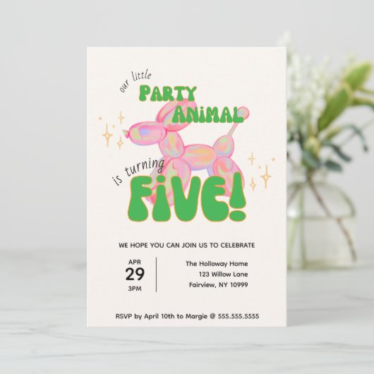 Onze kleine partij ballon dier 5e verjaardag kaart (Staand voorkant)