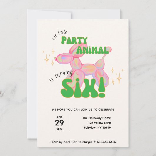 Onze kleine partij ballon dier 6e verjaardag kaart (Voorkant)