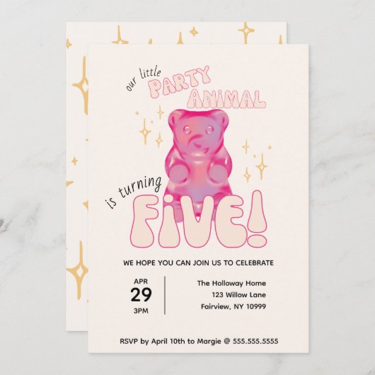 Onze kleine partij dier gummy Beer 5e verjaardag Kaart (Voorkant / Achterkant)