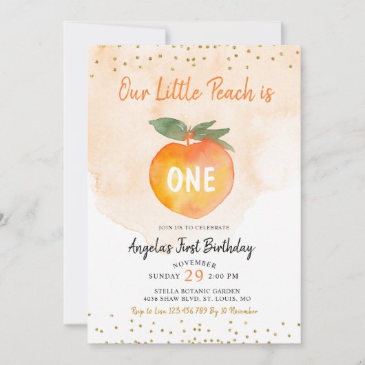 Onze kleine perzik wordt één verjaardag kaart (Voorkant)