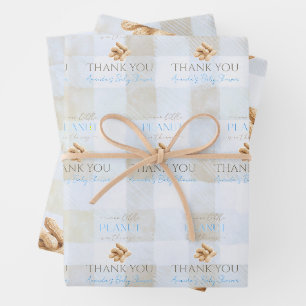 Onze Kleine Pinda Jongen Blauwe Gingham Baby Showe Inpakpapier Vel