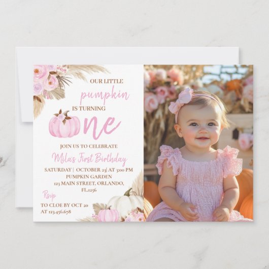 Onze kleine pompoen 1e verjaardag foto uitnodiging (Voorkant)