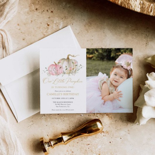 Onze kleine pompoen 1e verjaardag foto uitnodiging