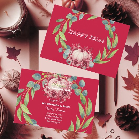 Onze kleine pompoen 1e verjaardag groene krans roz bedankkaart