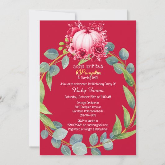 Onze kleine pompoen 1e verjaardag groene krans roz kaart (Voorkant)